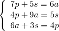 \left\{ \begin{array}{c} 7p+5s=6a \\ 4p+9a=5s \\ 6a+3s=4p \end{array} \right.