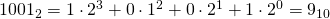 1001_{2}=1\cdot 2^{3}+0\cdot 1^{2}+0\cdot 2^{1}+1\cdot 2^{0}=9_{10}