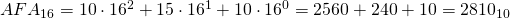 AFA_{16}=10\cdot 16^{2}+15\cdot 16^{1}+10\cdot 16^{0}=2560+240+10=2810_{10}