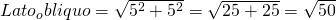 Lato_obliquo =\sqrt{5^{2}+5^{2}}=\sqrt{25+25}=\sqrt{50}