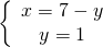 \left\{ \begin{array}{c} x=7-y \\ y=1 \end{array} \right.