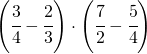 \left ( \cfrac{3}{4}-\cfrac{2}{3} \right )\cdot \left ( \cfrac{7}{2}-\cfrac{5}{4} \right )