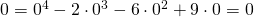 0=0^{4}-2\cdot0^{3}-6\cdot0^{2}+9\cdot0=0