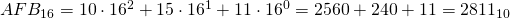 AFB_{16}=10\cdot 16^{2}+15\cdot 16^{1}+11\cdot 16^{0}=2560+240+11=2811_{10}