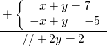 \cfrac{+\left\{ \begin{array}{c} x+y=7 \\ -x+y=-5 \end{array} \right.}{//+ 2y =2}