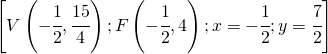 \left [ V\left(-\cfrac{1}{2},\cfrac{15}{4}\right);F\left ( -\cfrac{1}{2},4 \right );x=-\cfrac{1}{2};y=\cfrac{7}{2} \right ]