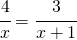 \cfrac{4}{x}=\cfrac{3}{x+1}