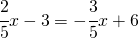 \cfrac{2}{5}x-3=-\cfrac{3}{5}x+6