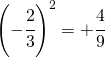 \left (-\cfrac{2}{3}  \right )^{2}=+\cfrac{4}{9}