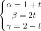 \begin{equation*} \left\{\begin{matrix} \alpha =1+t \\ \beta =2t\\ \gamma=2-t \end{matrix}\right. \end{equation*}