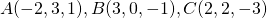 A(-2,3,1), B(3,0,-1), C(2,2,-3)