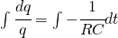 \int \cfrac{dq}{q}=\int -\cfrac{1}{RC}dt