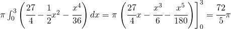 \ensuremath{\pi\int_{0}^{3}\left(\cfrac{27}{4}-\cfrac{1}{2}x^{2}-\cfrac{x^{4}}{36}\right)dx=\pi\left.\left(\cfrac{27}{4}x-\cfrac{x^{3}}{6}-\cfrac{x^{5}}{180}\right)\right]_{0}^{3}}=\cfrac{72}{5}\pi